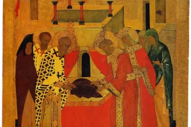 Положение Ризы Богоматери. Храмовая икона церкви Ризоположения из села Бородава (мастерская Дионисия, 1485 год, Кирилло-Белозерский музей)