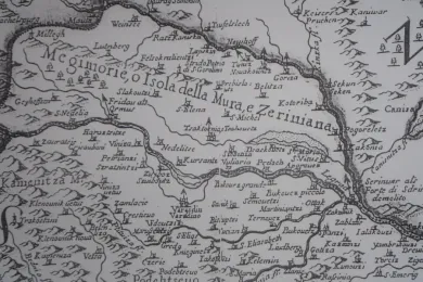 Меджимурье: здесь, на старой карте 1690 года, река Мура служит границей с Венгрией